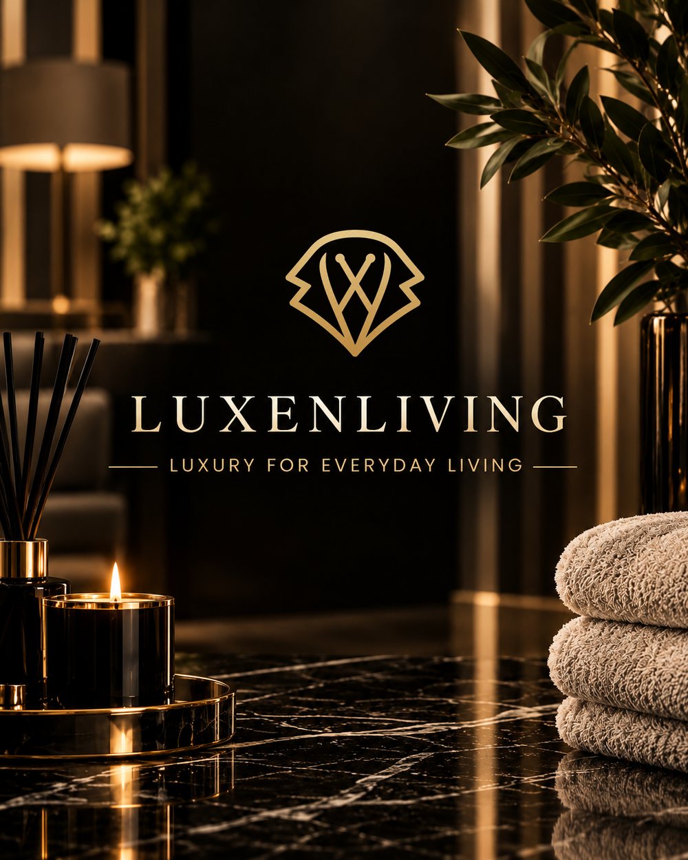 LuxenLiving candle, diffuser and towels in a golden-lit room